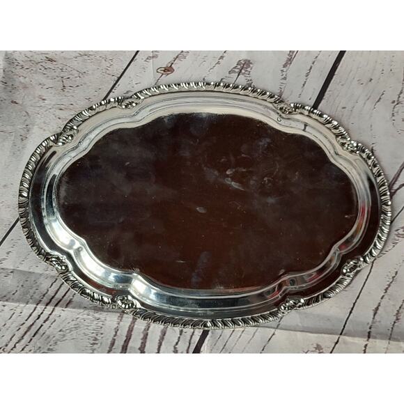 SILVER STAINLESS METAL FORAL FANCY DRINK FOOD DECORATIVE OVAL SERVING TRAY 6 X 9 - Picture 3 of 4